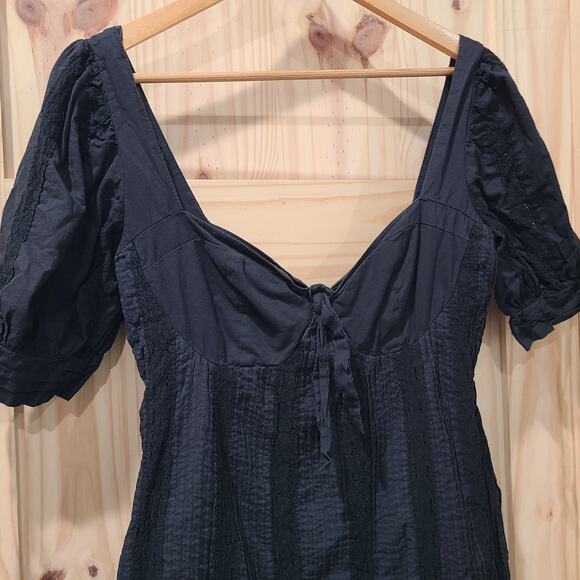 Lulus Black Mini Milkmaid Dress Pleated Lace Ruffle Hem Open Tie Back Size M - Picture 2 of 15